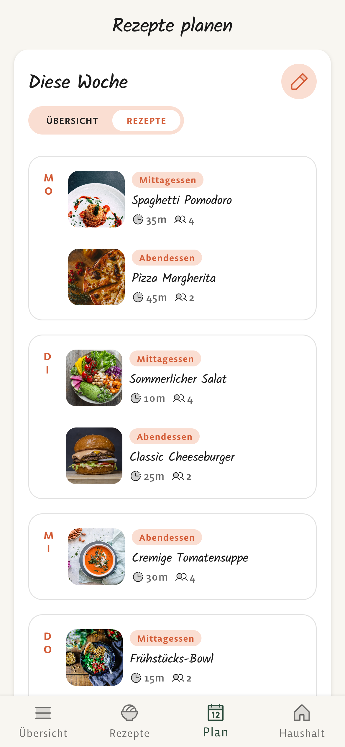 Cook Book app: weekly plan